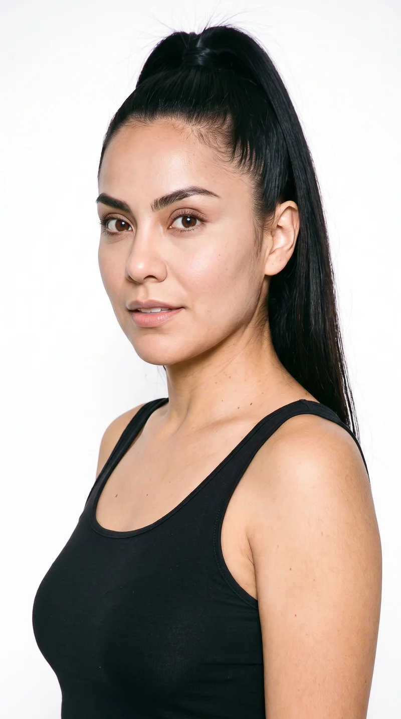 A 38-year-old Hispanic woman with medium skin and a neutral undertone has a round face with soft, full contours and few angles. She has thick eyebrows, brown eyes, and thin lips. Her deep black hair is pulled into a ponytail high on the crown.