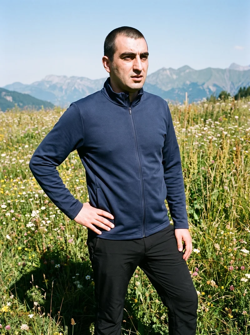 A 29-year-old Slavic man wears a navy tracksuit top in a three-quarter-length view, facing at an angle with one hand on his hip and a sultry expression. A wildflower mountain meadow forms the backdrop.