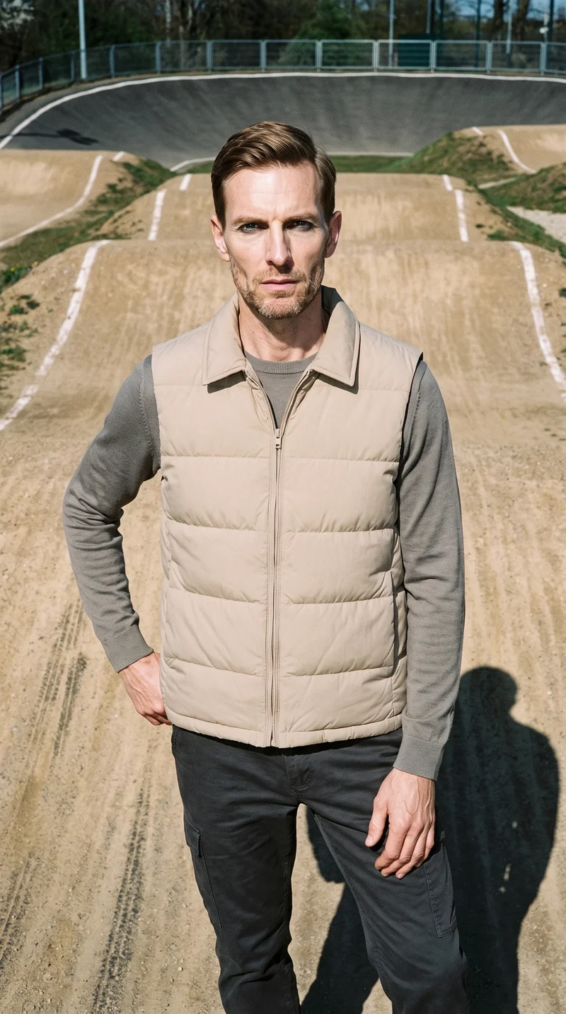 Men's Beige Down Gilet, Three-quarter length at Front, Flash Editorial lighting
