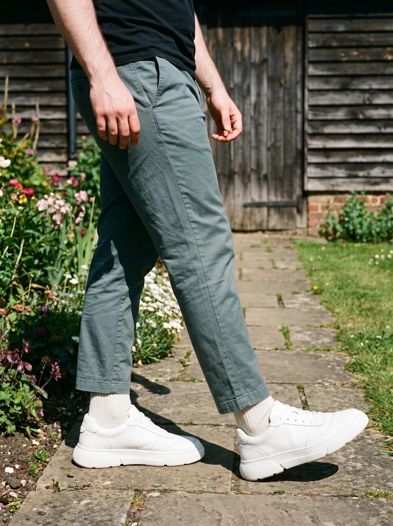 Men's chunky white sneakers shown in a lower-body view from a front three-quarter angle, with one foot positioned forward. A cottage garden backdrop is visible.