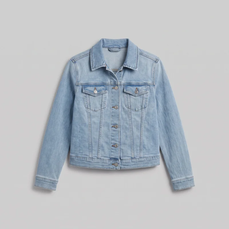 A mostly complete front view of a women's light wash denim trucker-style jacket laid flat against a backdrop. It has a regular straight waist-length silhouette, pointed fold-down collar, long sleeves with buttoned cuffs, a structured waistband, full center button placket with metal tack buttons, two button-flap chest pockets, yoke and vertical panel seams, and visible topstitching.