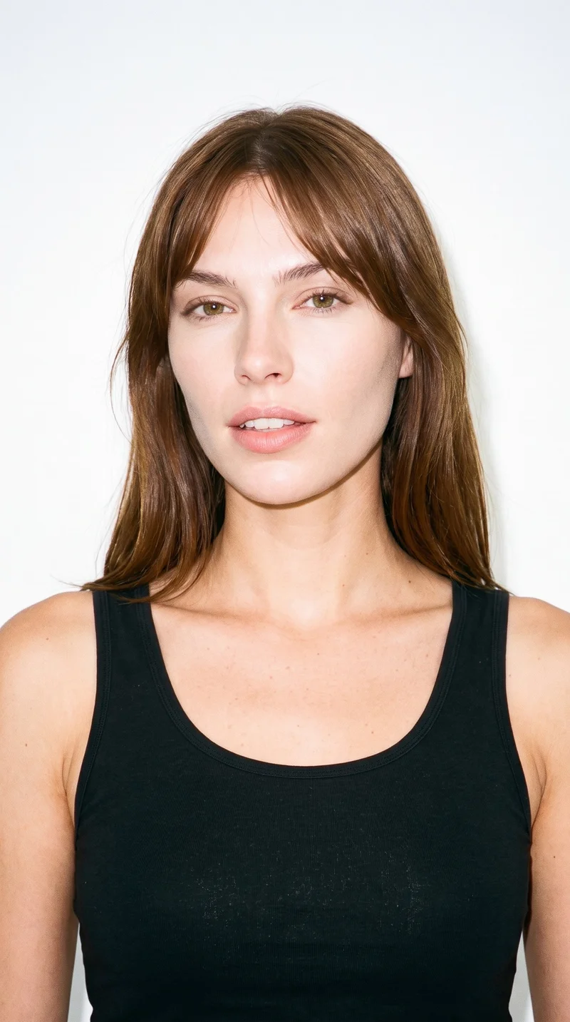 This 22-year-old Caucasian woman has lightly tanned fair skin with a warm golden undertone. Her diamond-shaped face has a narrow forehead and jaw and is widest at the cheekbones. She has thin eyebrows, brown eyes, and thin lips. Her chestnut-brown hair has a reddish undertone and is styled with a centre part and longer curtain bangs framing both sides of her face.