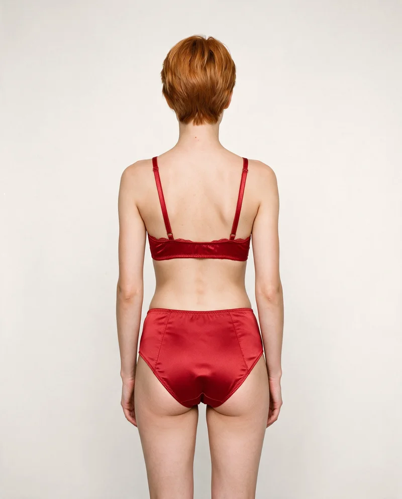 Red Satin Lingerie Set, Three-quarter length at Rear, Clean Catalog lighting