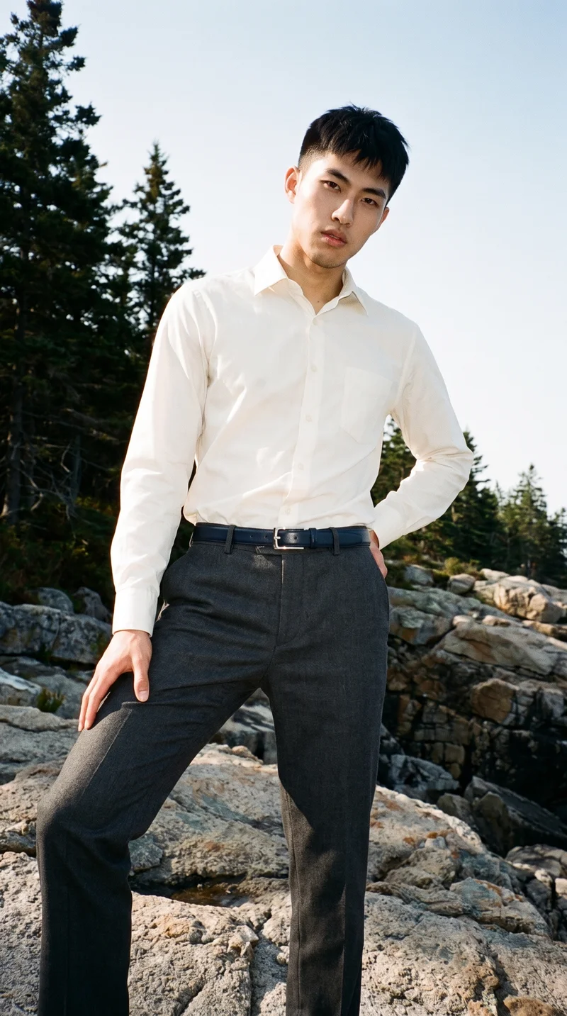 Men's Navy Formal Belt, Three-quarter length at Front, Flash Editorial lighting