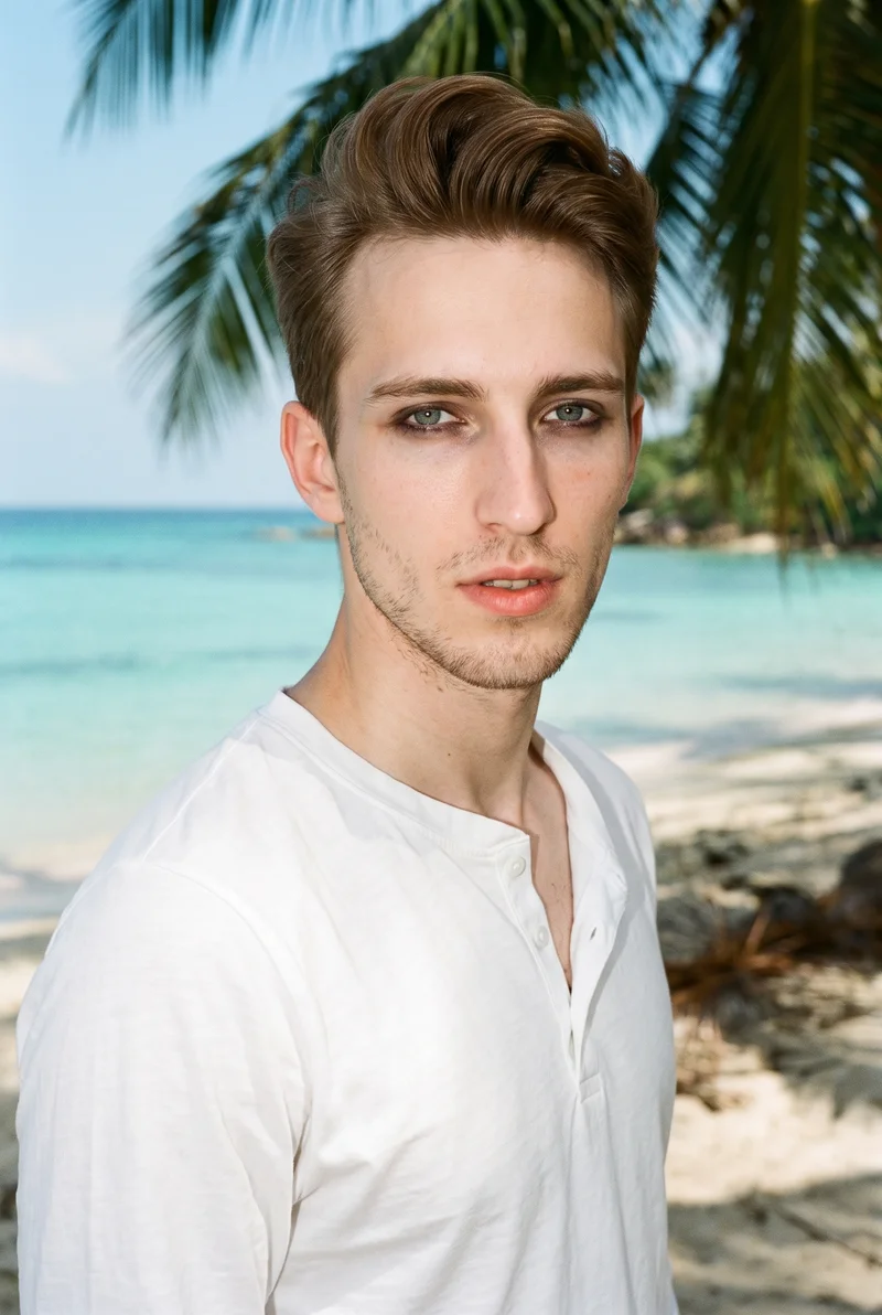 A 20-year-old Caucasian man wears a white Henley top in a bust-framed view from a front three-quarter angle, with one shoulder forward and a natural facial expression. A palm tree beach serves as the backdrop.