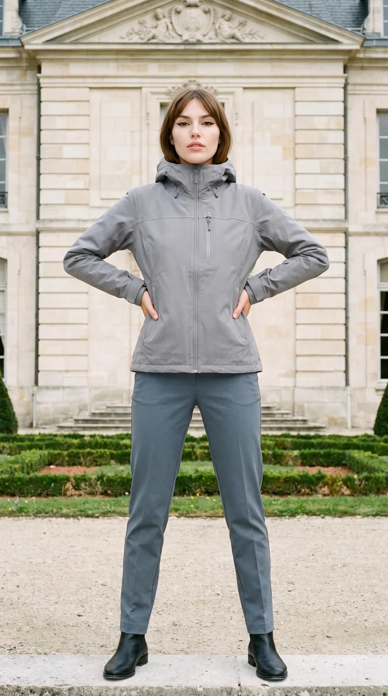 A 22-year-old Caucasian woman wears a women's grey shell ski jacket in a full-body front view. She stands with a wide stance and a confident expression against a French chateau backdrop.