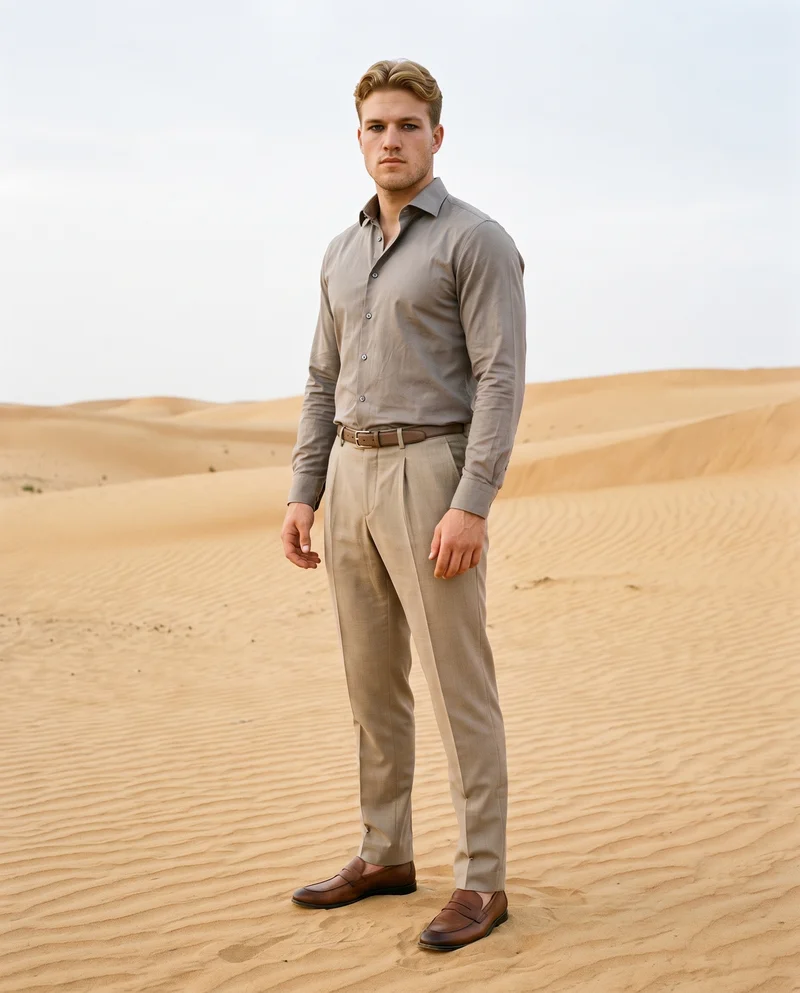 A 21-year-old Caucasian man wears beige suit trousers in a full-body view from a front three-quarter angle. He stands in a relaxed pose with a confident expression against a Death Valley dunes backdrop.
