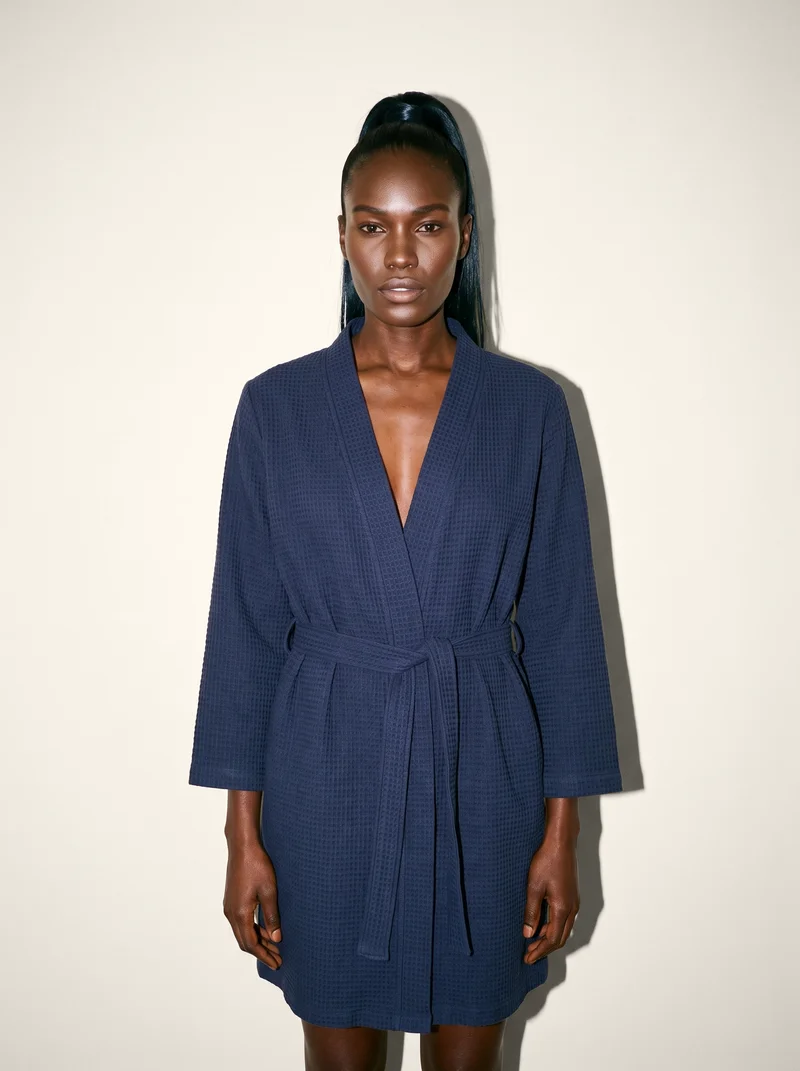 Women's Navy Cotton Dressing Gown, Three-quarter length at Front, Flash Editorial lighting