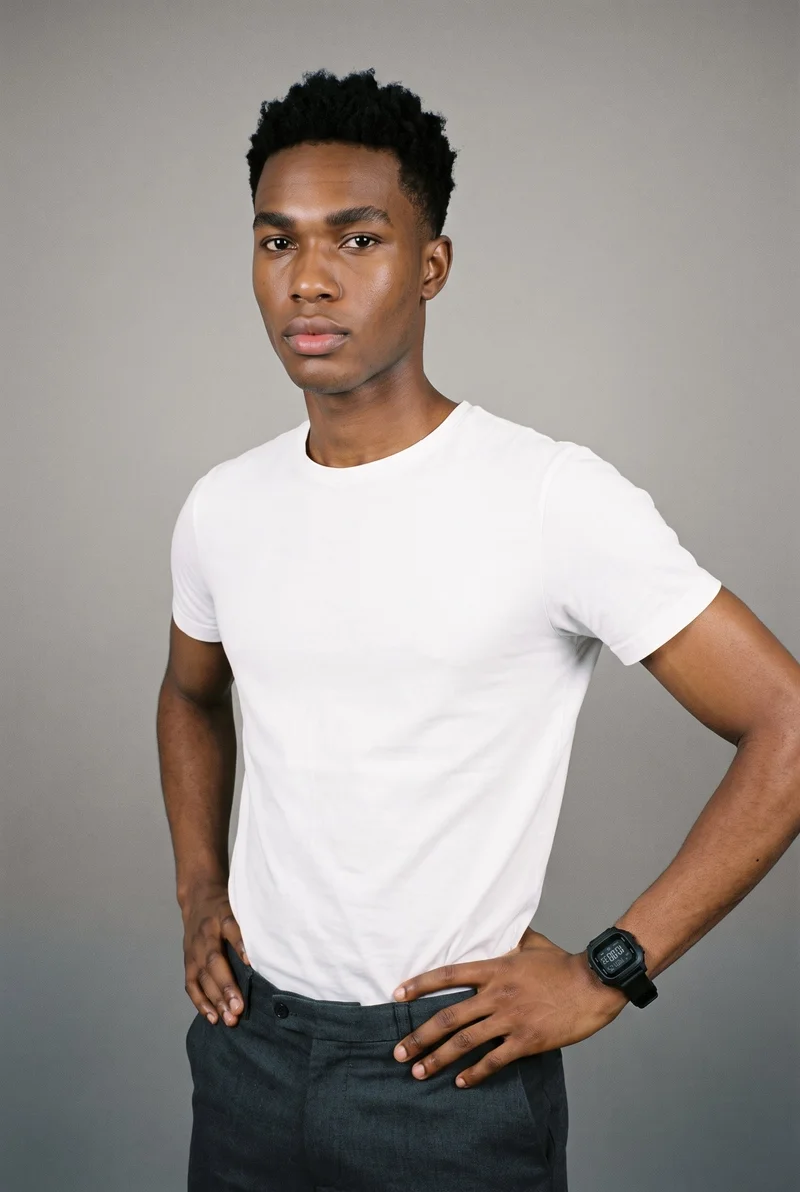 A 20-year-old African man is shown from the upper body at an angled front view, wearing a black digital sports watch with his hands on his hips and a neutral expression. A Couture Grey studio-wall backdrop fills the background.