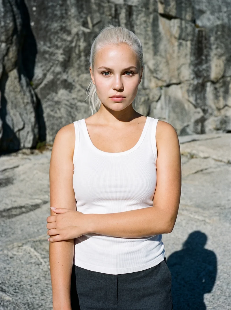 A 21-year-old Caucasian woman wears a women's white ribbed tank top in an upper-body view from a front three-quarter angle. She is holding her elbow with a serious expression, with Yosemite Valley shown as the backdrop.