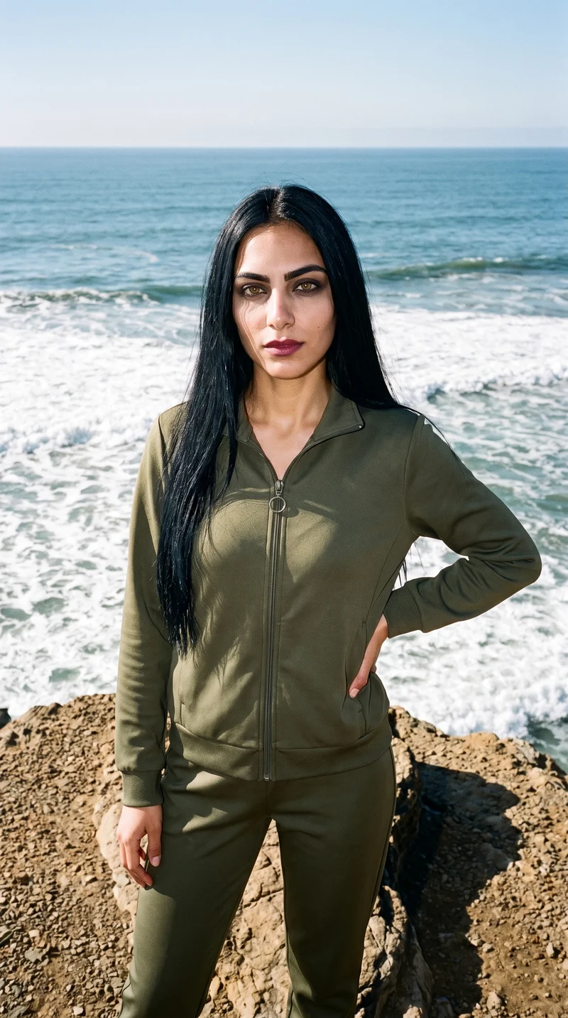 A 22-year-old Arab woman wears a women's olive tracksuit in a three-quarter-length front view, standing with one hand on her waist and a confident expression. Coastal cliffs and Pacific waves form the backdrop.