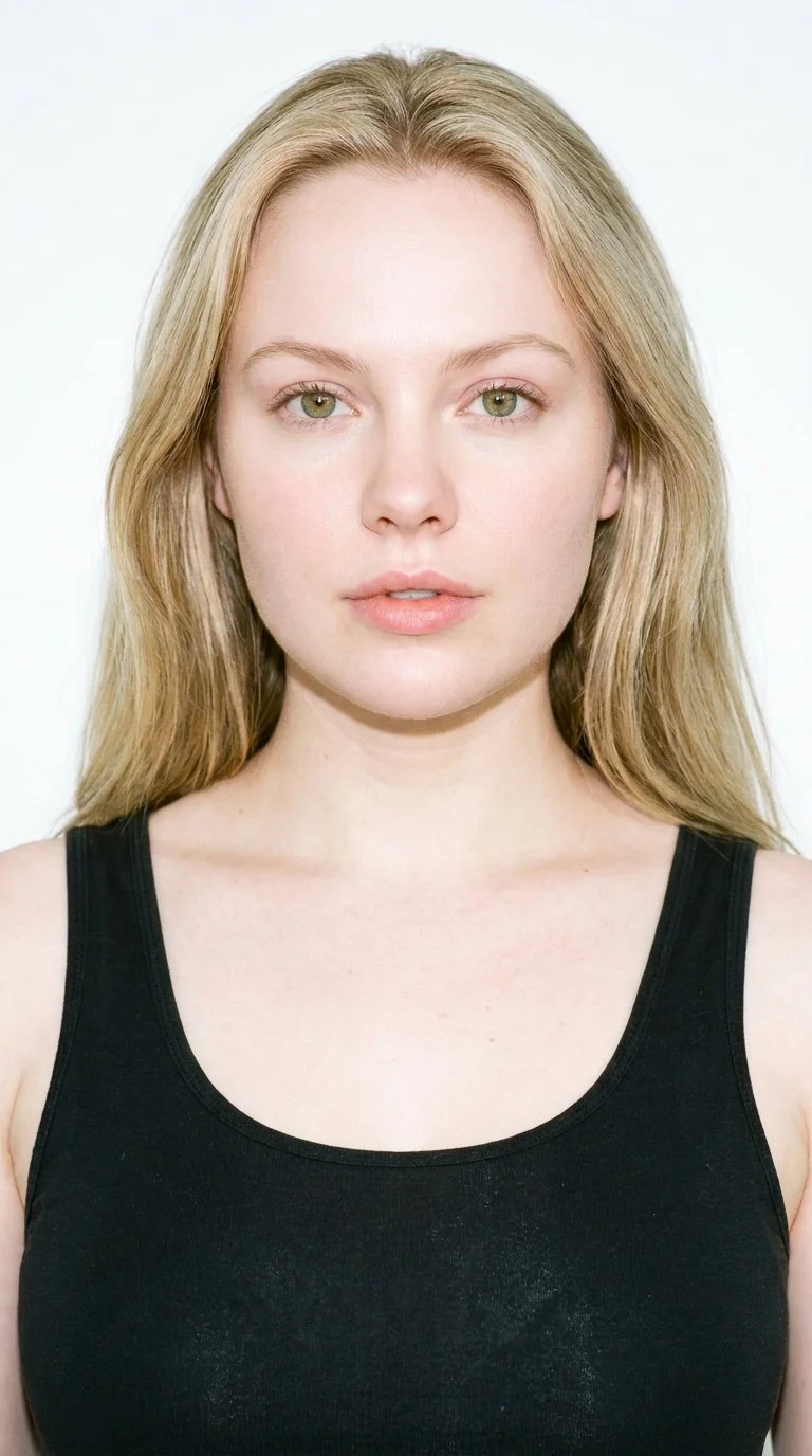 A 33-year-old Caucasian woman with very pale skin and a neutral undertone has a soft, youthful baby face with full cheeks and rounded contours. Her eyebrows are thin, and her eyes are hazel with green-gold flecks. She has full lips and long, mid-tone blonde hair worn loose past the shoulders with natural volume.