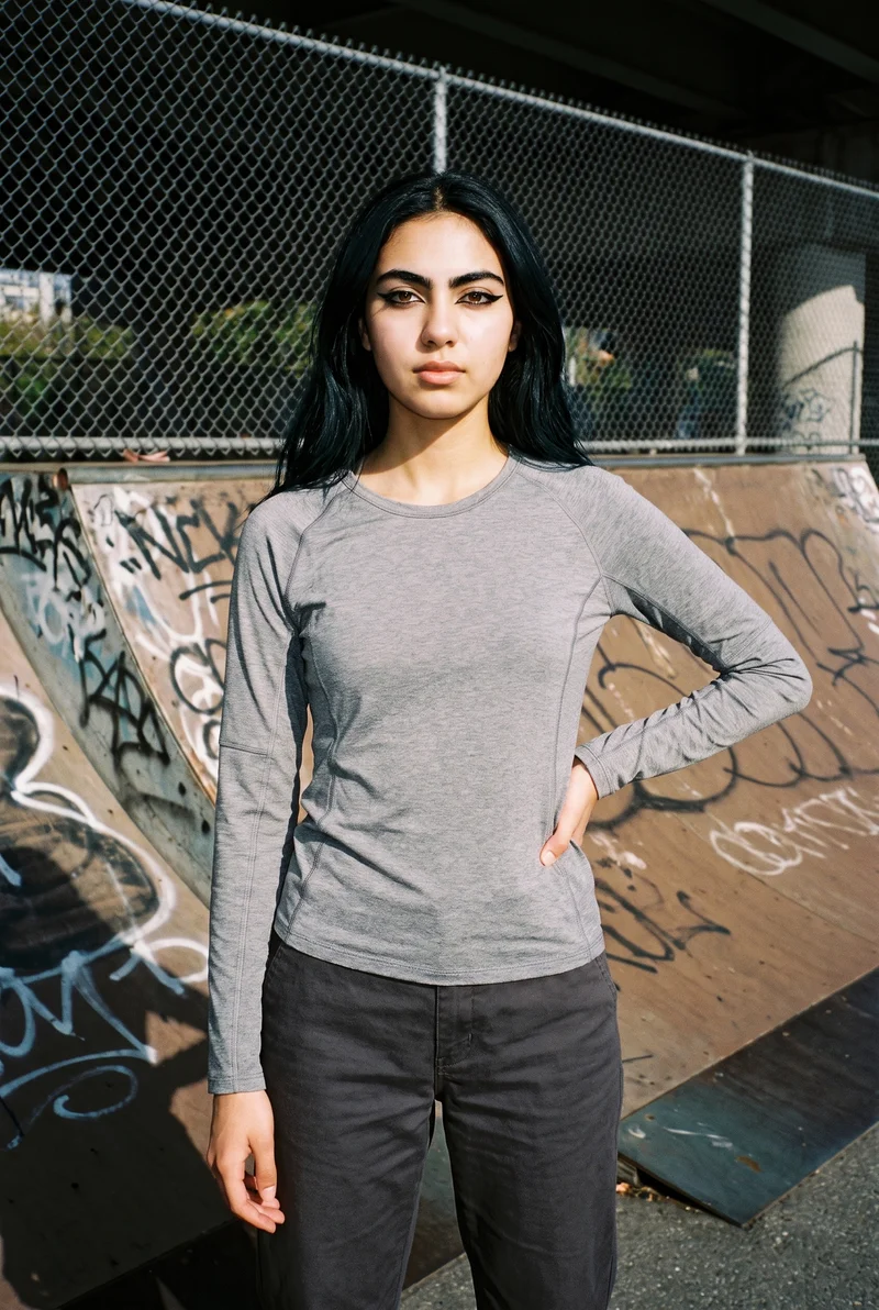 Women's Grey Moisture-Wicking Performance Top, Three-quarter length at Front, Flash Editorial lighting
