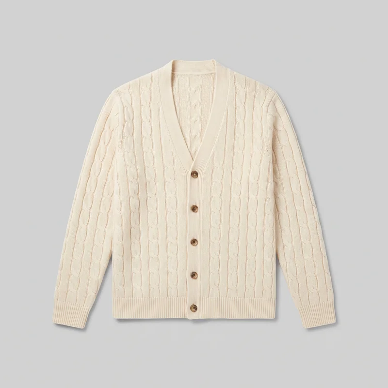 A mostly complete front view of a men's cream cable-knit cardigan laid flat. The regular-fit cardigan has a straight body, V neckline, long sleeves, ribbed cuffs, hem, and front placket, with five visible round buttons arranged vertically down the front. Vertical cable-knit columns and narrower ribbed stitch channels cover the body and sleeves; no pockets, logos, prints, patches, embroidery, or other embellishments are visible.