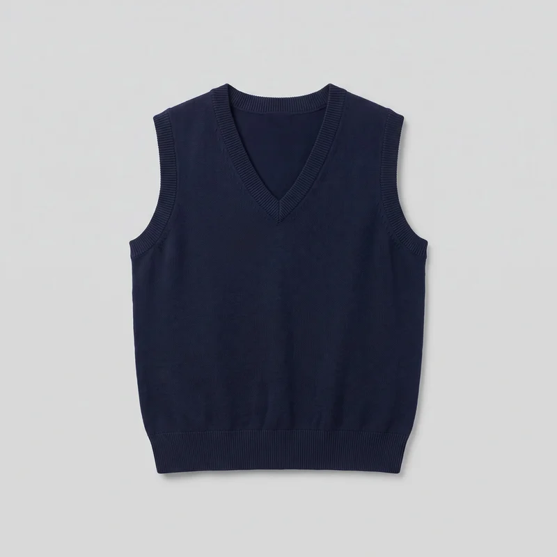 A navy sleeveless V-neck knit sweater vest is shown in a standalone front view. Its full straight silhouette is visible, along with the wide ribbed neckline, matching ribbed armhole bands, broad shoulder coverage, plain knit body, and wide ribbed bottom hem.