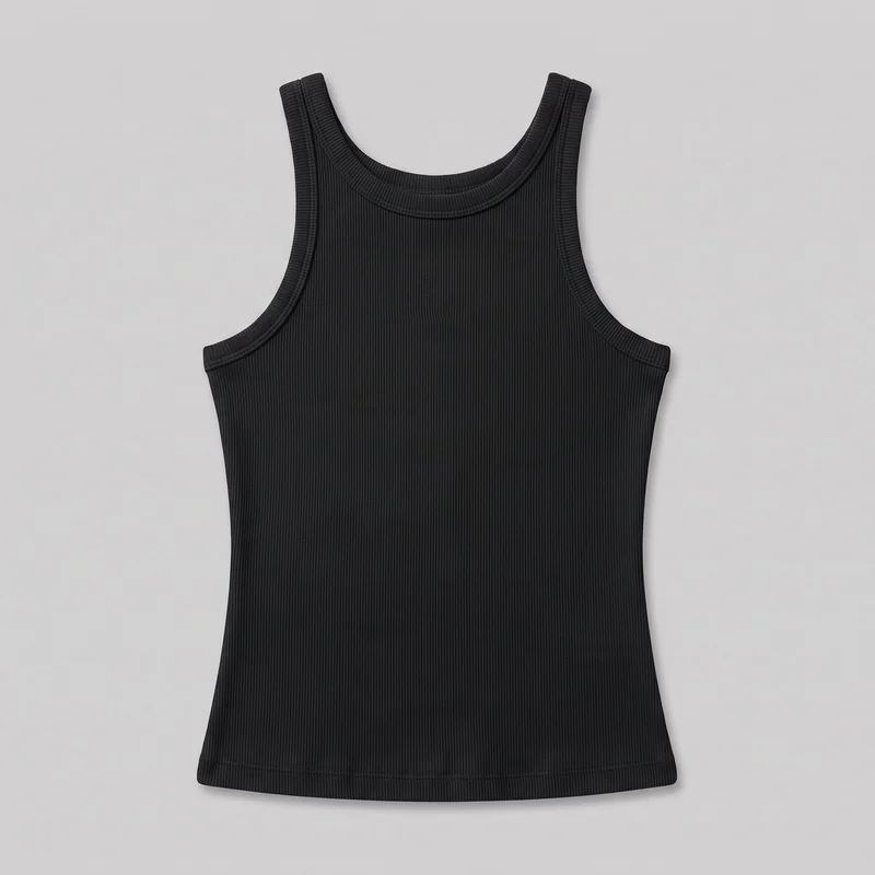 A complete standalone view of a women's black sleeveless ribbed tank top laid flat. It has a slim fitted silhouette, a scoop neckline, wide shoulder straps, curved armholes, fine vertical ribbing throughout, bound neckline and armholes, visible stitching, and a straight full-length hem.
