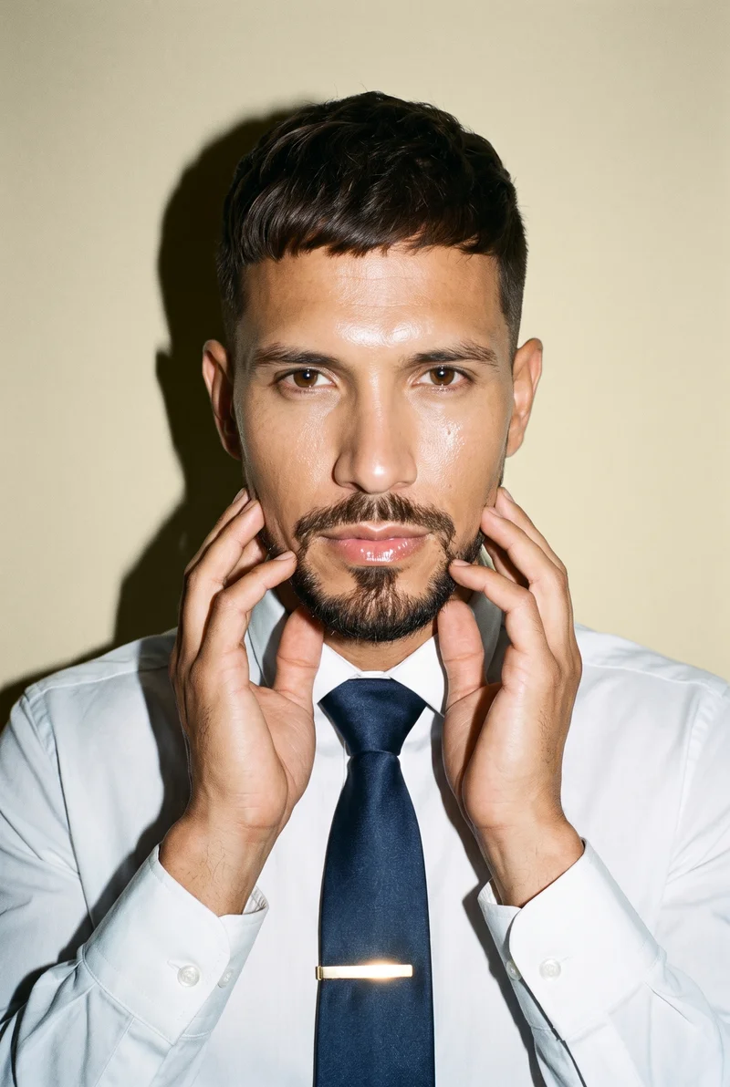 A 38-year-old Hispanic man is shown in a bust-length front view wearing a gold tie bar, with his hands at his jaw and a natural expression. A wheat field backdrop is visible behind him.