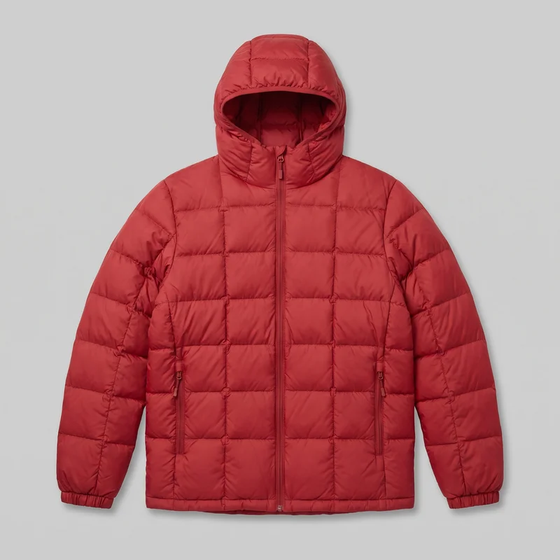 A men's red quilted down jacket is shown in a complete front view, laid flat or ghost-displayed. It has an attached structured hood, square channel quilting across the hood, torso, and long sleeves, and a full-length front zipper extending to the raised neck. Two vertical zip pockets sit low on the front, with elasticated cuffs, a straight hem, and visible shoulder, side, and quilting seams.