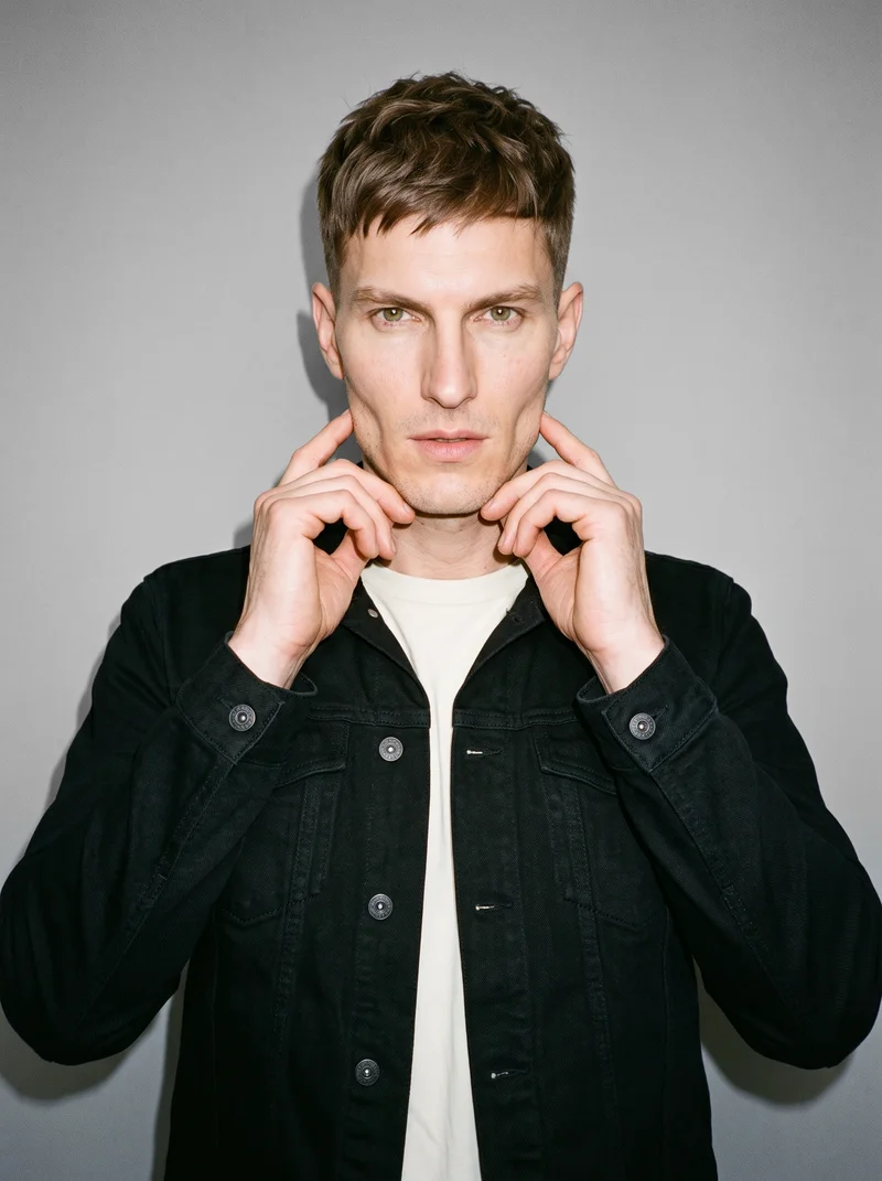 Men's Black Denim Jacket, Bust at Front, Clean Catalog lighting