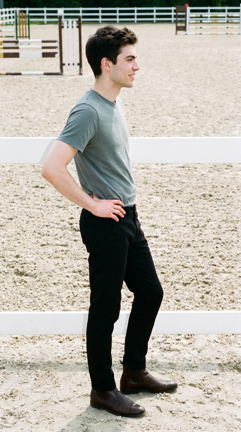 A 20-year-old Slavic male model wears black chinos in a full-body side view, standing with his weight shifted back and smiling. An equestrian arena serves as the backdrop.