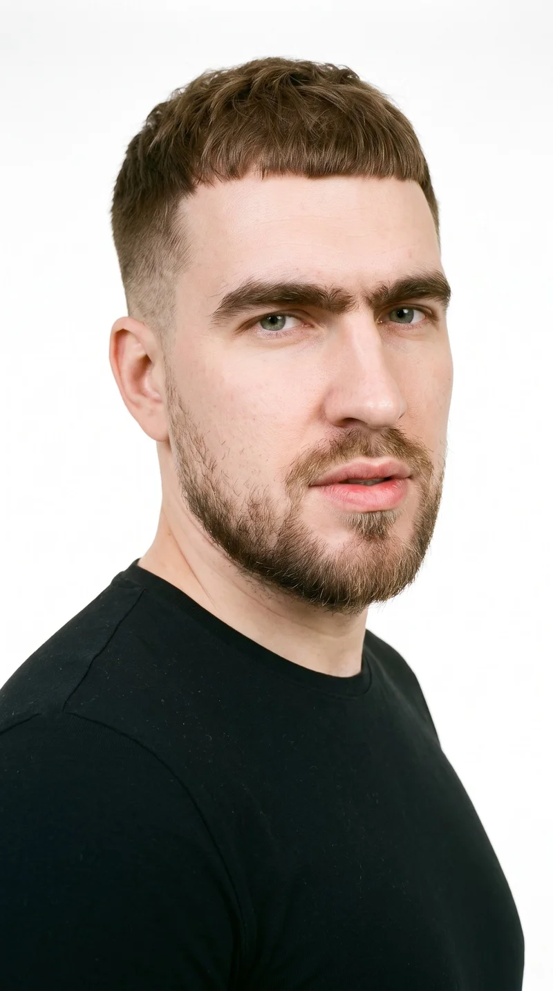 This 41-year-old Slavic man has very pale skin with a neutral undertone and a Roman face shape marked by a prominent nose line and defined jaw. His thick eyebrows frame blue eyes with a cool undertone, and he has medium-sized lips. His light-brown hair is styled in a French crop with short sides and a short, blunt fringe. A short, structured boxed beard follows the cheeks and jaw with defined edges.