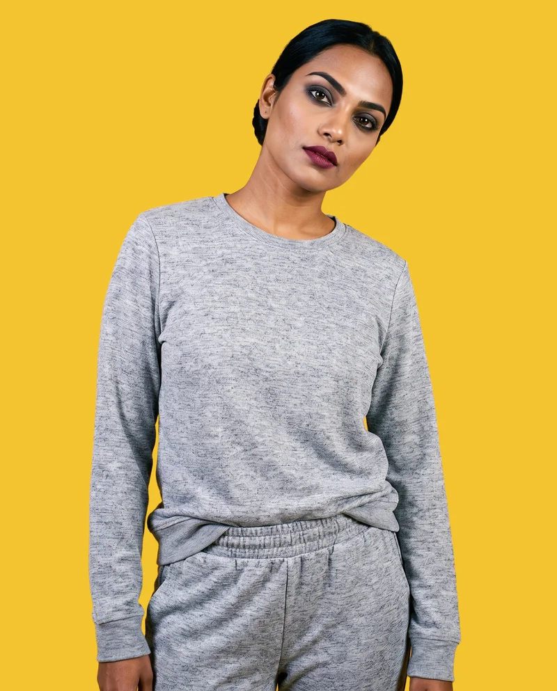Women's Grey Marl Loungewear Set, Upper body at Front, Studio Cutout lighting