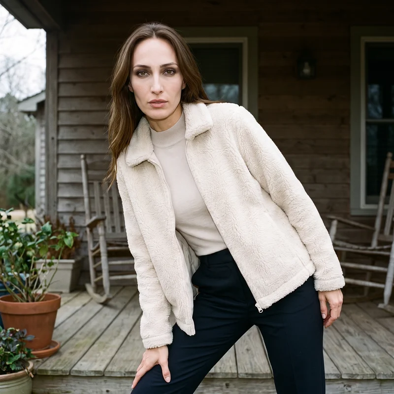 A 36-year-old Turkish woman wears a cream sherpa fleece jacket in a front-facing three-quarter-length view. She poses with a waist twist and an intense expression against a front porch backdrop.