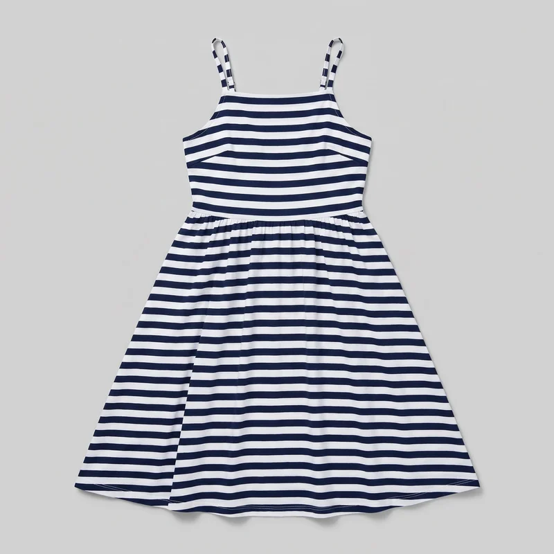 A mostly complete flat-lay view of a sleeveless striped sundress. It has a square neckline, narrow adjustable shoulder straps with visible sliders, a fitted bodice, a defined waist seam with gathered volume, and a flared A-line skirt with horizontal stripes continuing from the bodice to the softly curved hem.