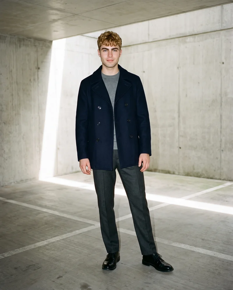 Men's Navy Double-Breasted Wool Coat, Full body at Front, Clean Catalog lighting