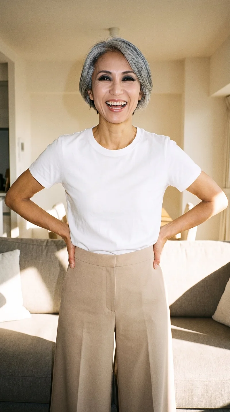 A 37-year-old Japanese woman wears beige wide-leg trousers in a front-facing three-quarter-length view. She stands with her hands on her hips and is laughing, with a home living room backdrop.