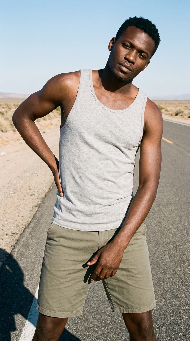A 35-year-old African man wears a grey tank top in a front-facing three-quarter-length view. He poses with one hip out and a natural facial expression, with an endless desert highway backdrop.
