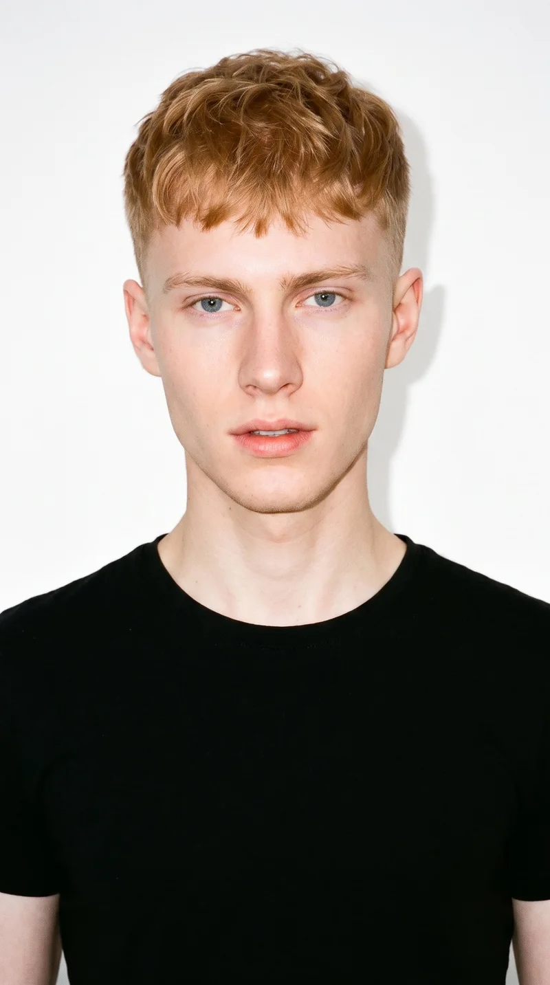 A 19-year-old Caucasian man with porcelain skin and a neutral undertone has an oval face with balanced proportions and a softly rounded jaw. He has thin eyebrows, blue eyes with a cool undertone, and thin lips. His strawberry-blonde hair is styled in a short textured crop with layered texture on top and closely cut sides, and his face is clean-shaven.