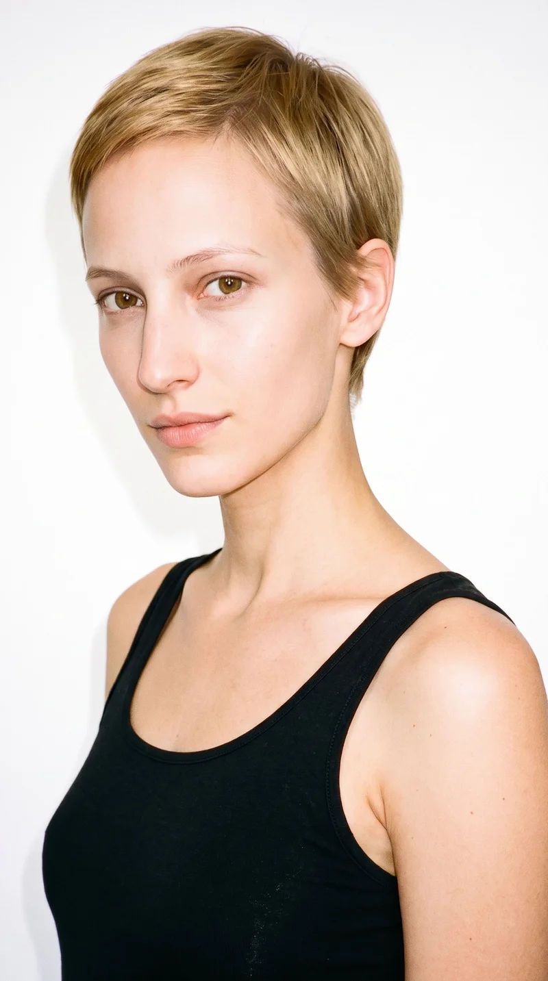 A 25-year-old Caucasian woman with fair skin and a warm golden undertone. Her face is longer than it is wide, with a tall forehead and elongated cheeks. She has thin eyebrows, hazel eyes with green-gold flecks, and medium lips. Her warm honey-blonde hair is styled in a very short pixie cut, close at the sides with more length on top.