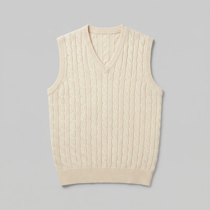 A complete flat front view of a men's cream sleeveless V-neck sweater vest. It has broad shoulder coverage, a deep rib-trimmed V neckline, ribbed armhole bands, a straight torso silhouette, and a wide straight ribbed bottom hem. Alternating raised vertical cable columns and narrower textured knit channels cover the body, with no visible closures, pockets, logos, prints, patches, embroidery, or embellishments.