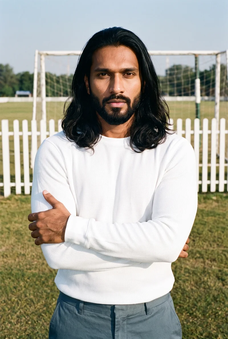 A 37-year-old Indian man wears a white base-layer thermal top in an upper-body, front-view composition. He poses with his arms crossed in a self-hug against a polo field backdrop.