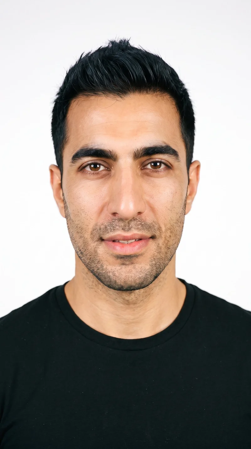A 42-year-old Arab man with a warm honey skin tone and neutral undertone. His Roman face has a prominent nose line, strong classical features, and a defined jaw. He has medium-thickness eyebrows, amber eyes with a golden tone, and medium lips. His black hair is styled in a short crew cut, tapered with the top slightly longer than the sides, and fine light stubble closely covers the beard area.