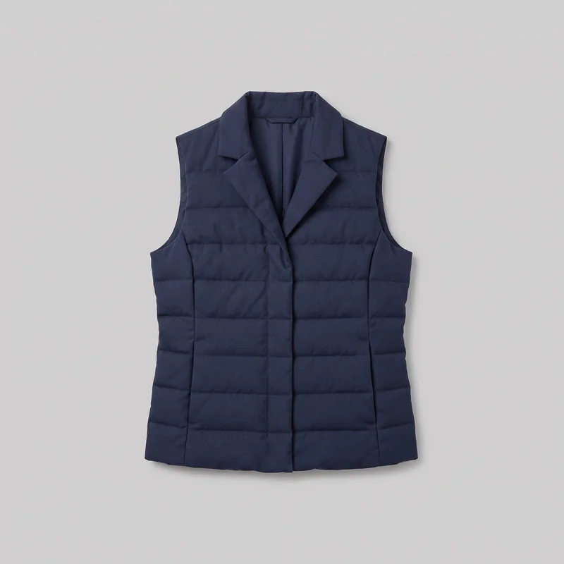 A women's navy padded gilet is shown laid flat in a complete front view. The sleeveless vest has broad shoulder coverage, open armholes, a structured regular fit, a tailored notched lapel collar with a deep V-shaped opening, a center-front overlap, horizontal quilted channels, vertical front seam panels, and a straight full-length hem. No exterior pockets, logos, prints, patches, embroidery, or embellishments are visible.
