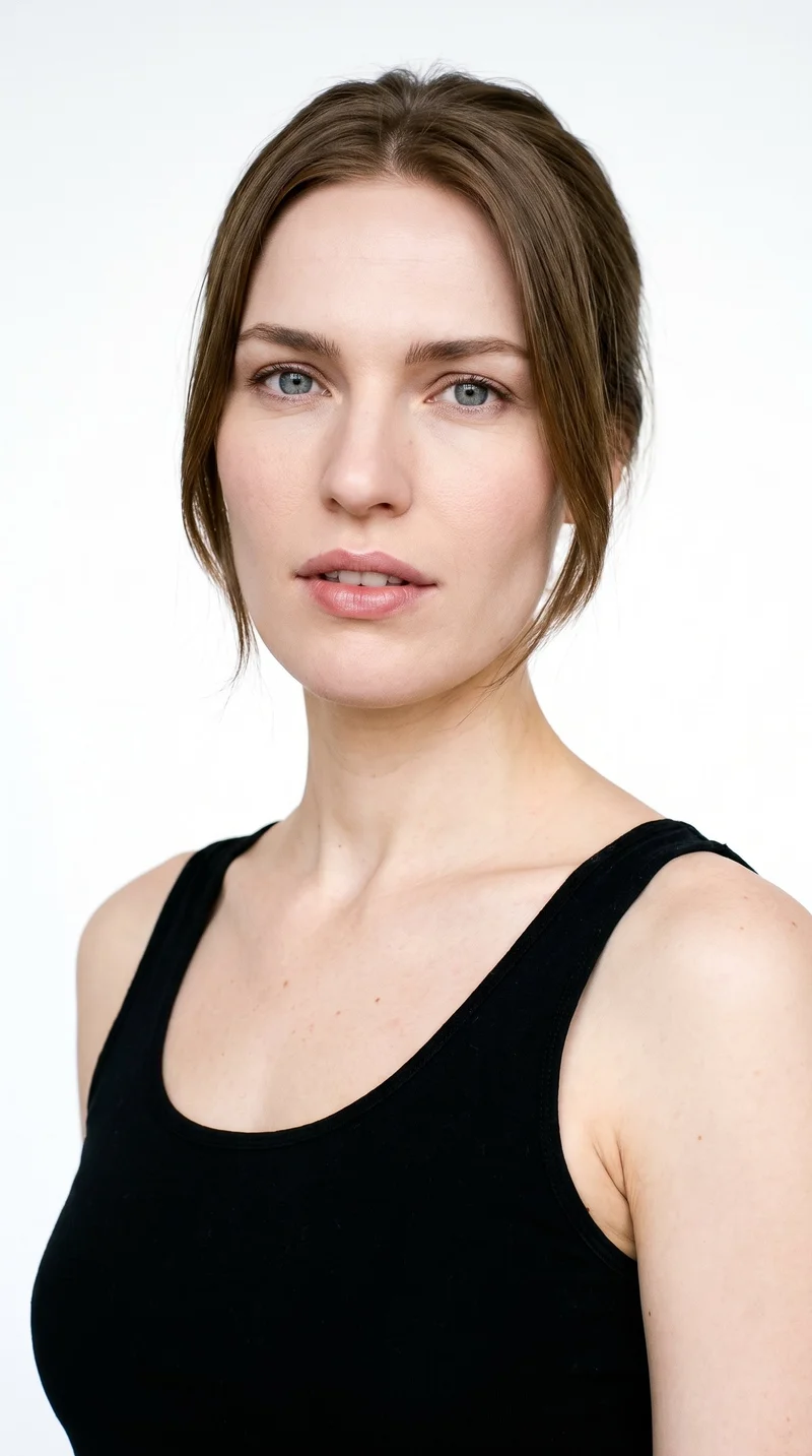 A 31-year-old Caucasian woman with fair skin and a neutral undertone. Her triangular face has a wide jaw that narrows toward the forehead, emphasizing the lower face. She has medium-thickness eyebrows, blue eyes with a cool undertone, and full lips. Her medium-brown hair is twisted up and secured with a claw clip, with relaxed ends.