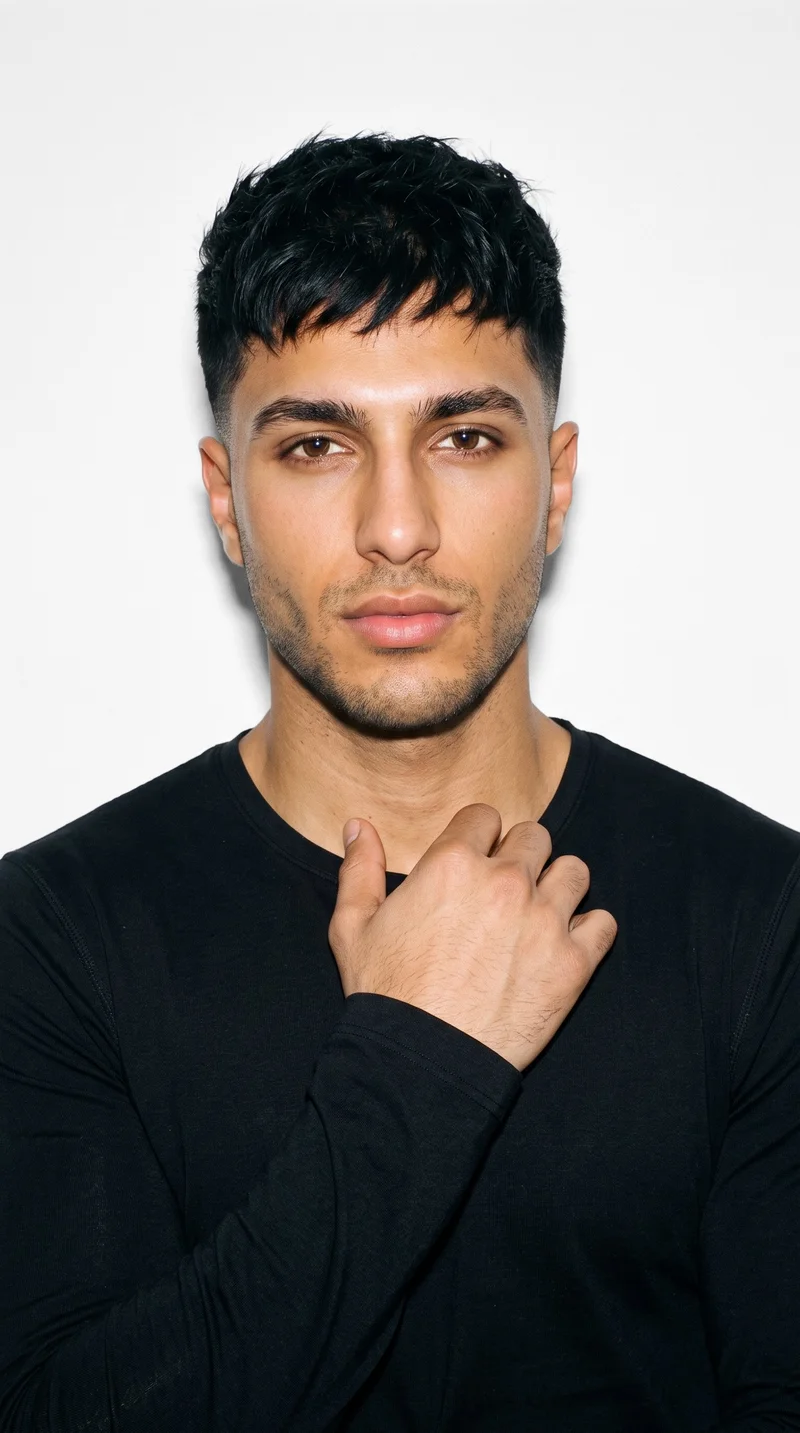 A 23-year-old Arab man is shown from the front in a bust-length view wearing a black compression base layer. One hand rests at his collarbone, and he has a neutral expression against a pure white studio backdrop.