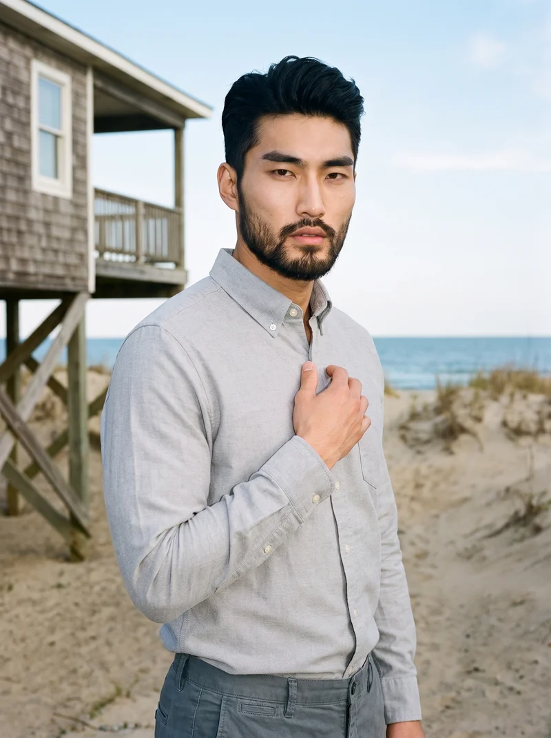 Grey Cotton Oxford Shirt, Upper body at Three-quarter, Natural E-Commerce lighting