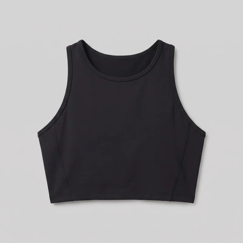 A black sleeveless cropped active tank top is laid flat in a standalone front view. It has a high scoop neckline, wide shoulder straps, deep curved armholes, bound edging, vertical shaped seam lines along the front sides, and a stitched horizontal hem band with a straight cropped hem.