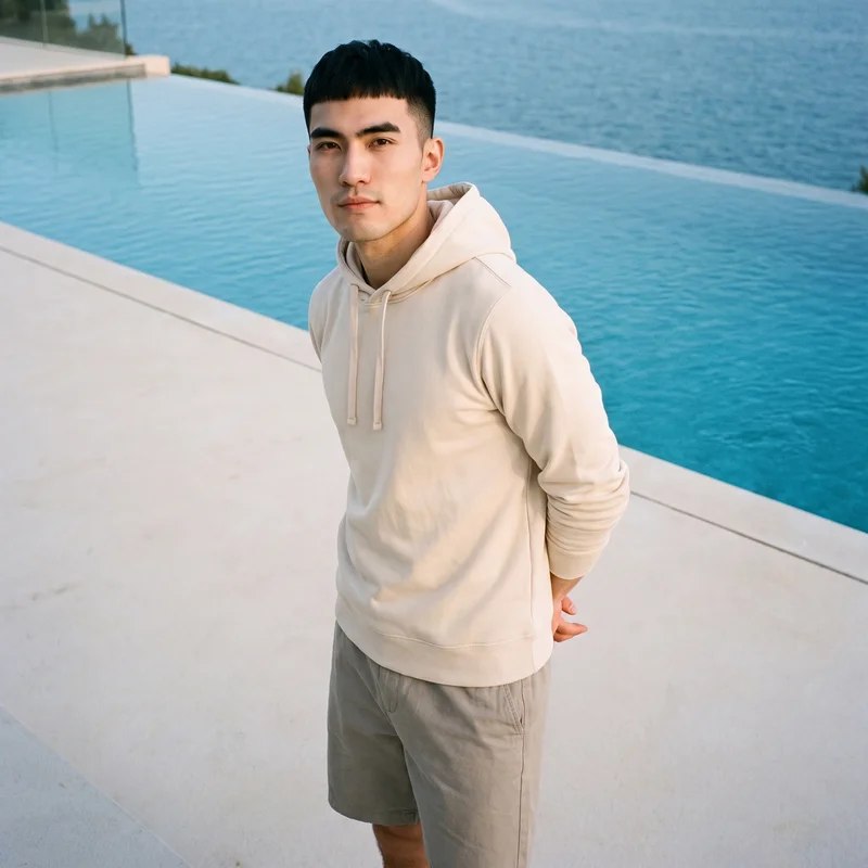 A 24-year-old Chinese male model wears a cream pullover hoodie in a 3/4-length view from a front 3/4 angle, standing with his hands behind his back and a natural expression. A villa infinity pool forms the backdrop.