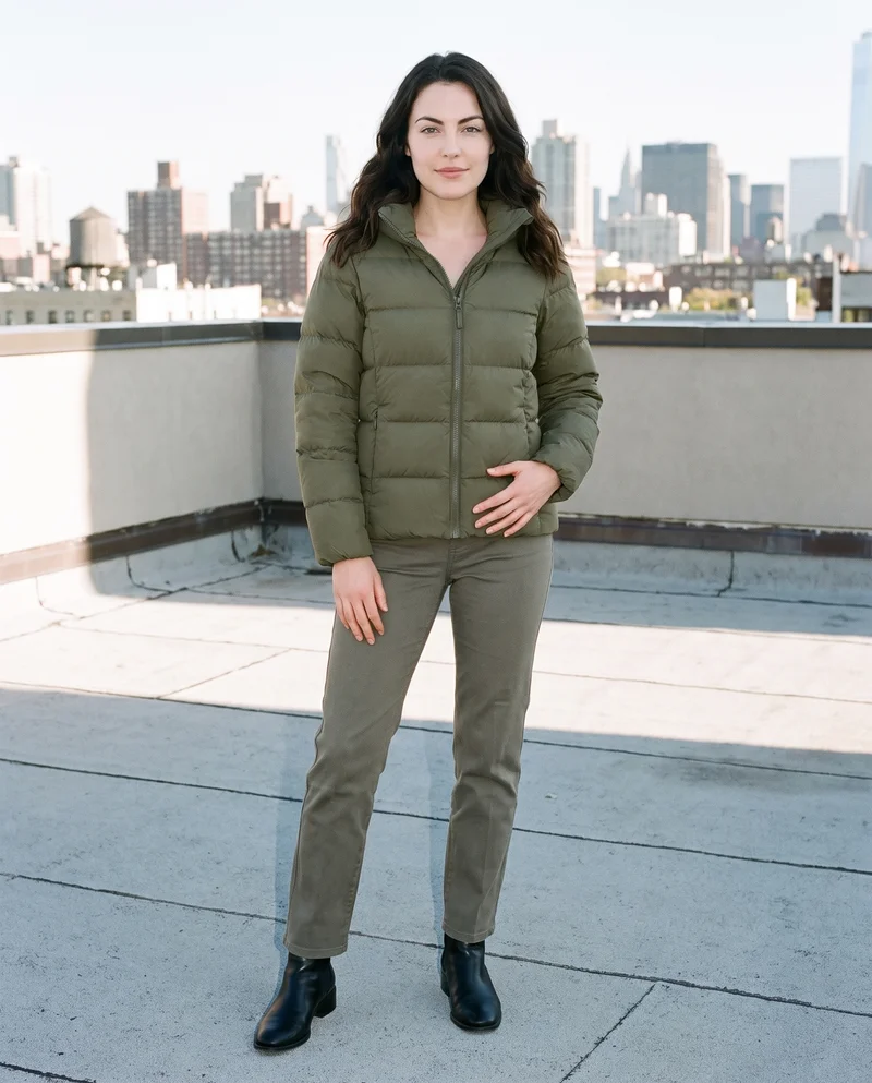 A 26-year-old Caucasian woman wears an olive down jacket in a full-body front view. She stands with one foot forward and a confident expression against a rooftop cityscape backdrop.