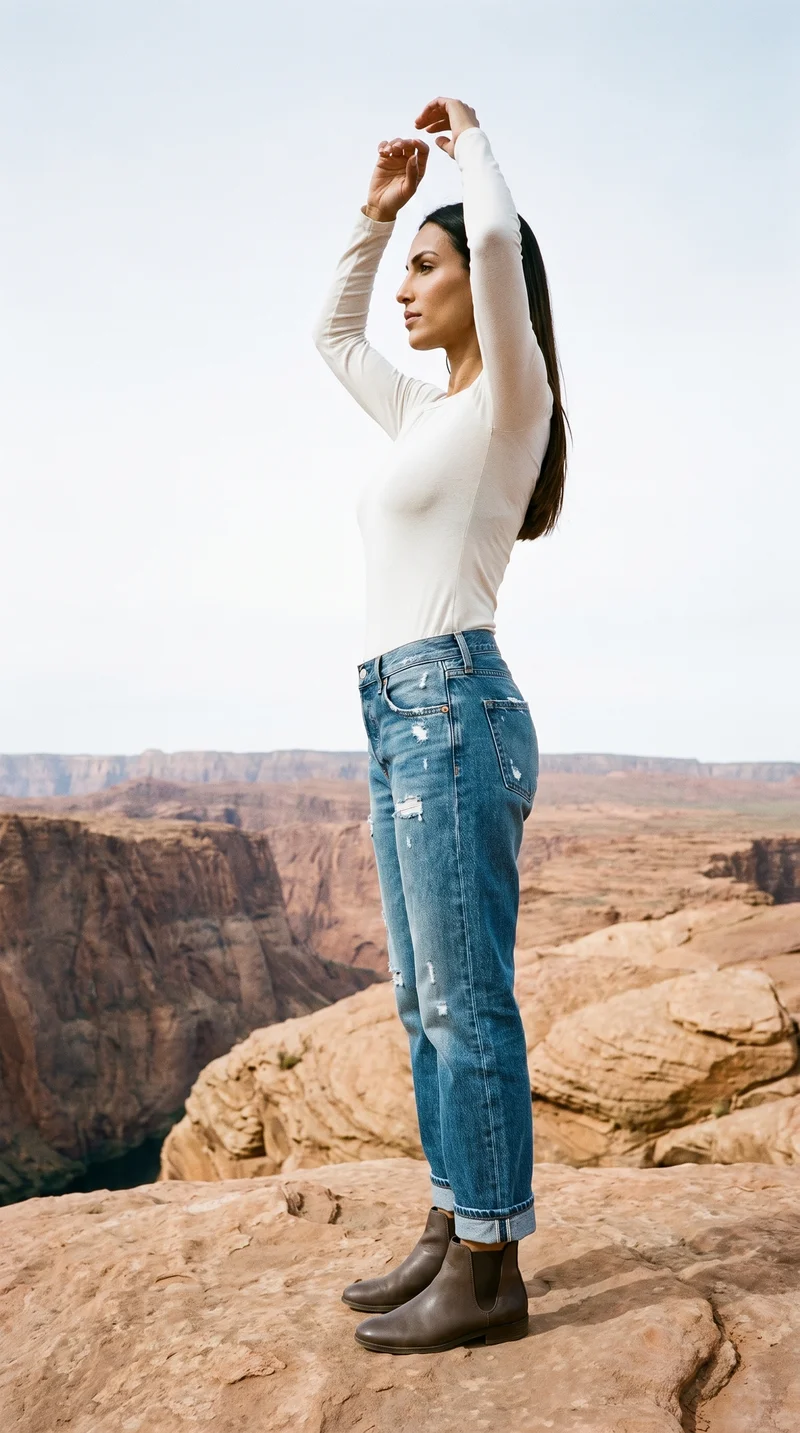 A 31-year-old Arab woman is shown full body in a side view wearing women's distressed boyfriend jeans, with her arms raised overhead and a neutral facial expression. The Grand Canyon Rim appears as the backdrop.