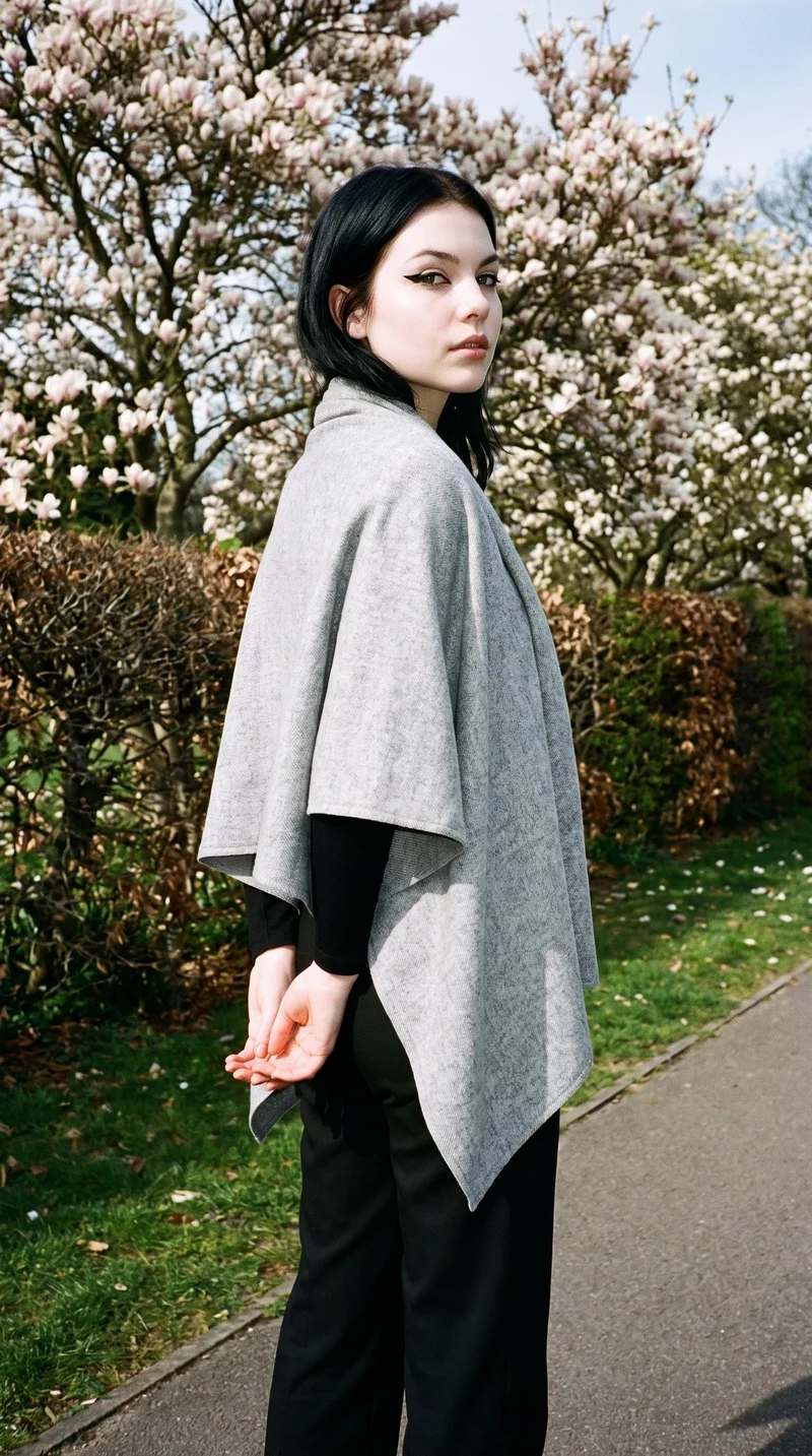 A 19-year-old Caucasian woman wears a grey wool wrap in a three-quarter-length view angled from the front. Her hands are held behind her back and she has an intense facial expression. A magnolia tree park forms the backdrop.