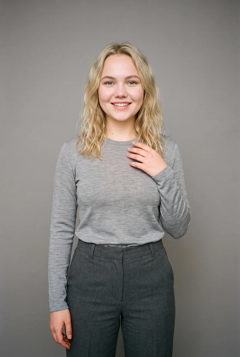 A 22-year-old Slavic woman wears a grey merino thermal top against a grey studio-wall backdrop. Shown from the upper body at a front three-quarter angle, she is smiling with her fingers at her chest.