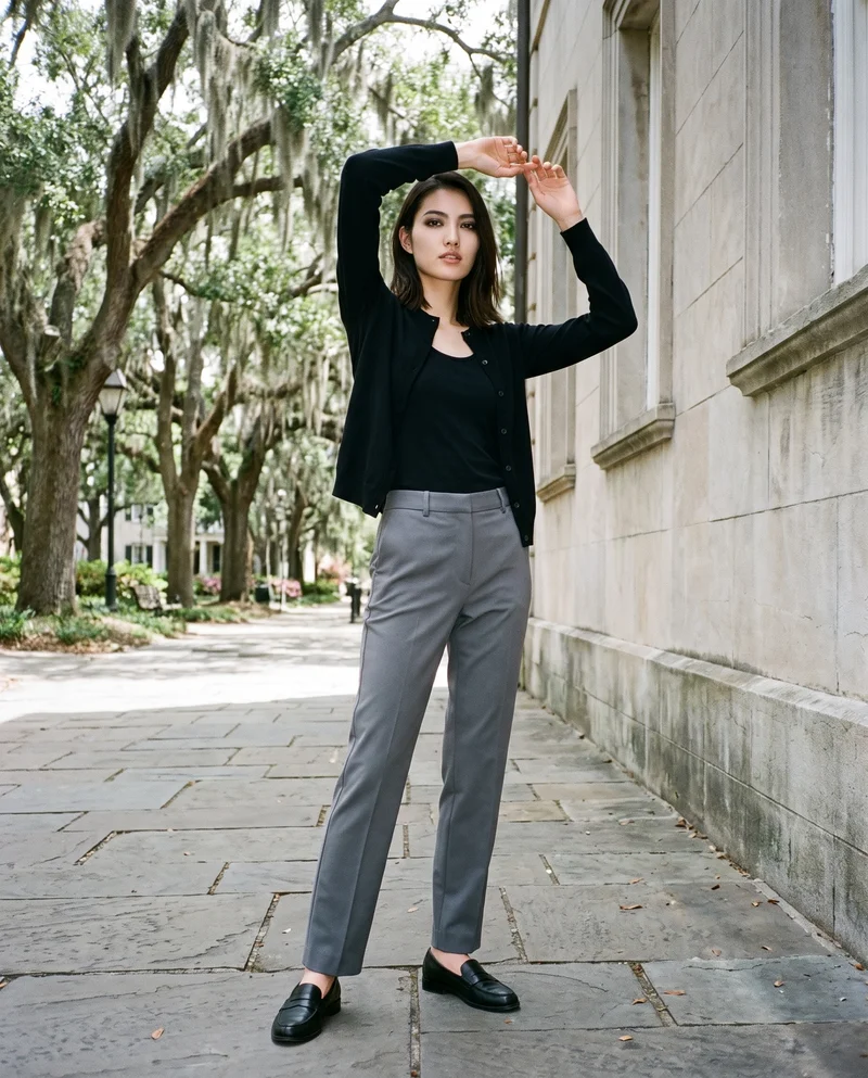 Women's Black Button-Up Cardigan, Environmental at Three-quarter, Clean Catalog lighting