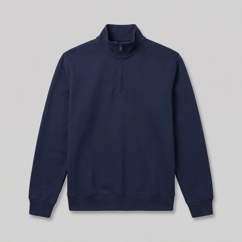 A navy men's quarter-zip pullover sweatshirt is shown laid flat in a complete front view. It has a high stand collar, centered short zipper placket, set-in long sleeves, ribbed cuffs, and a straight ribbed hem. No pockets, graphics, logos, patches, embroidery, or other embellishments are visible.