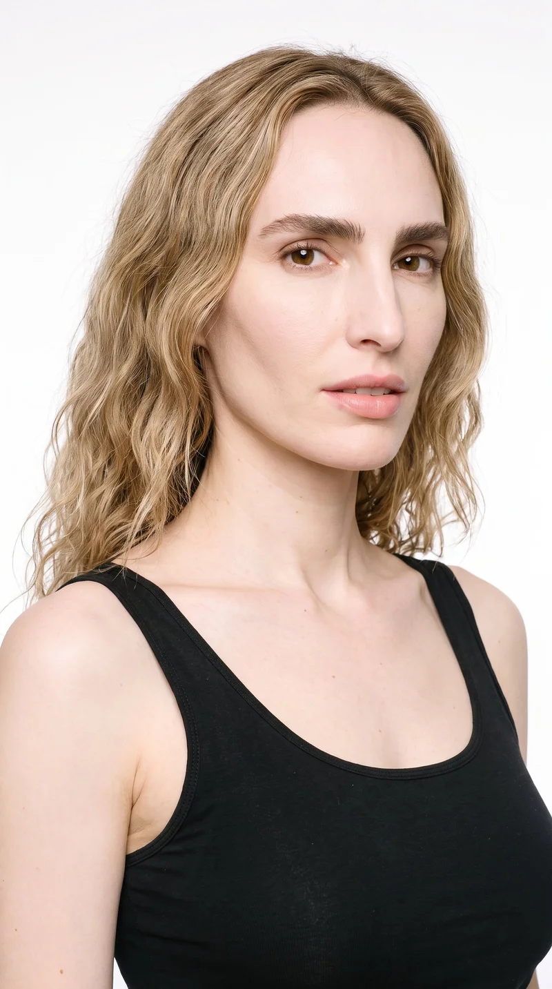 A 40-year-old Caucasian woman with porcelain skin and a neutral undertone has a long face that is narrower than it is tall, with a tall forehead and elongated cheeks. She has thick eyebrows, brown eyes, and full lips. Her dark-blonde hair falls in soft, relaxed waves.