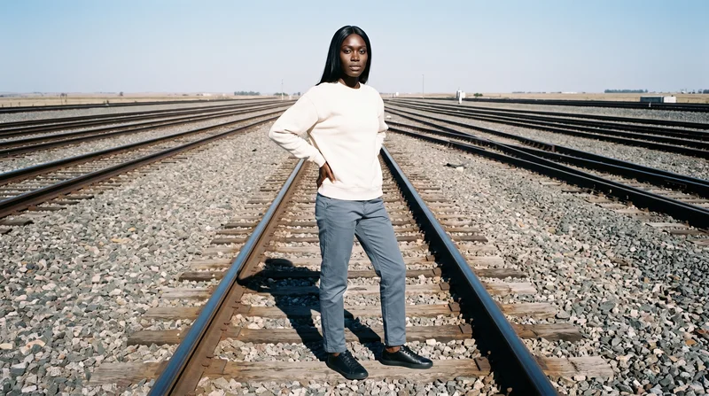 A 28-year-old African woman wears a women's cream oversized crewneck sweatshirt in an environmental frame, shown from a front three-quarter angle with a wide stance and neutral expression. Train tracks form the backdrop.
